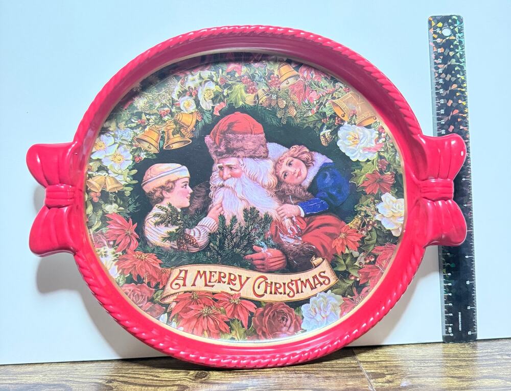 Vintage A Merry Christmas Victorian Santa Serving Tray Bow Handles Holly Rim